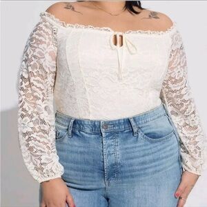 Nwt Torrid Stretch White Lace Off Shoulder Corset Seamed Long Sleeve Top